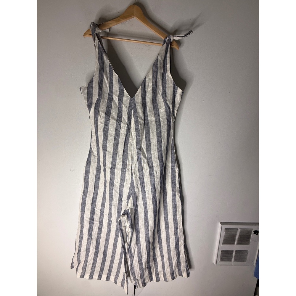 Scar Linen white blue Striped Palazzo Leg Jumpsuit Medium NWT